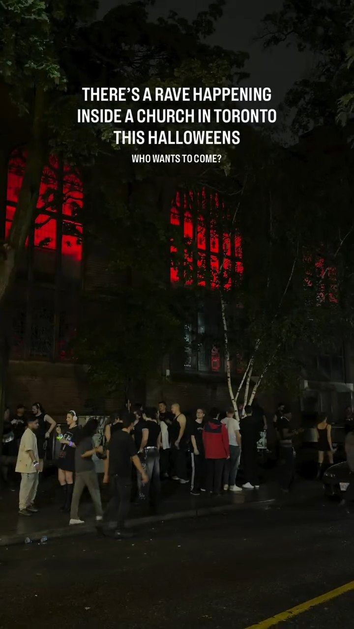 East End United exterior, illuminated red for a music event