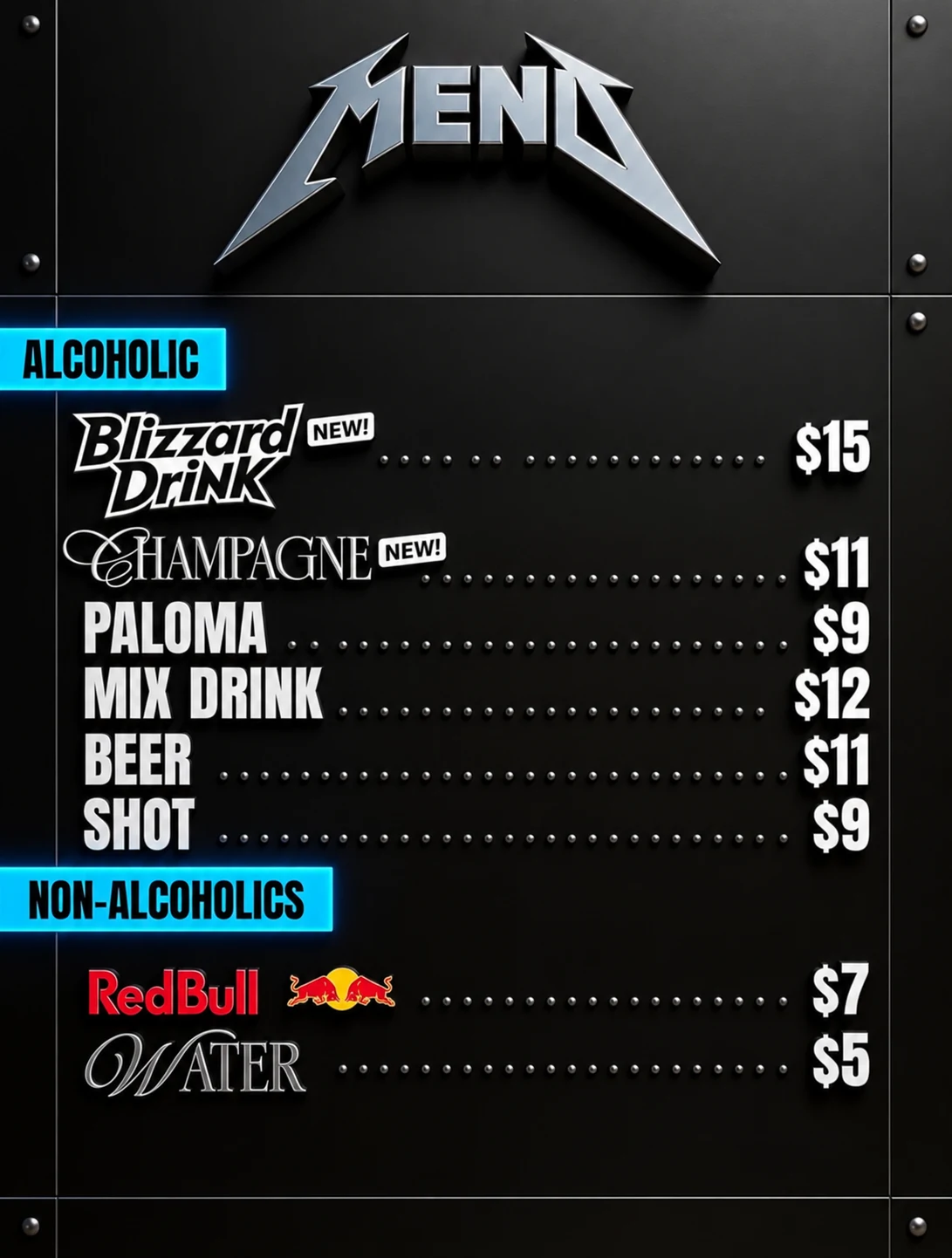 Bar menu from a previous New Year's Eve show